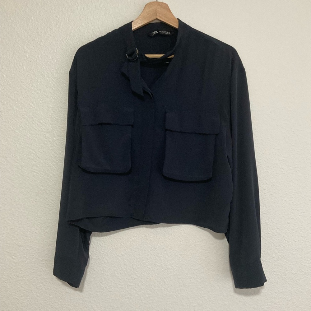Zara Tabbed Collar Cropped Shirt Navy Blue, Size M